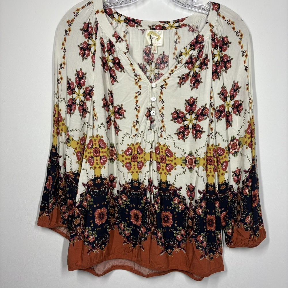 Fig and Flower Womens Boho‎ Peasant Pullover Top Size L Rayon Multicolor Floral